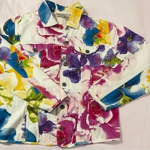 🌺 Chicos Springtime Floral White Denim Jean Jacket Collar Button Closure 2, L